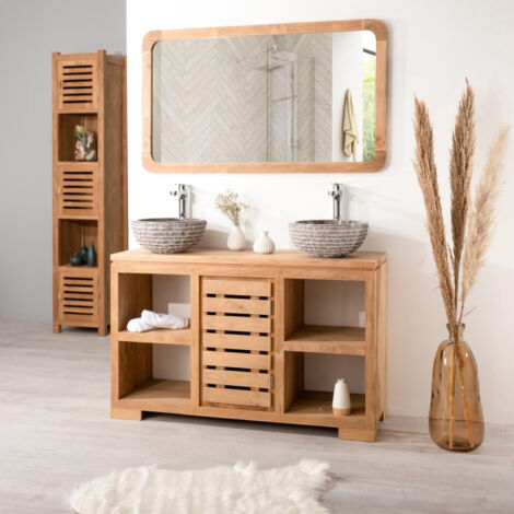 Wanda Collection – Meuble salle de bain en teck massif 120 cm – 4 niches – Porte ajourée – Dimensions 120x75x40 cm – Conception traditionnelle