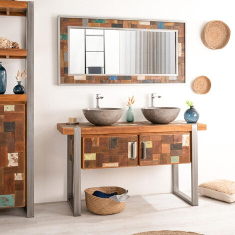 Wanda Collection – Meuble sous vasque double 140 cm en teck recyclé – Style industriel avec rangement – Hauteur 78 cm, profondeur 48 cm