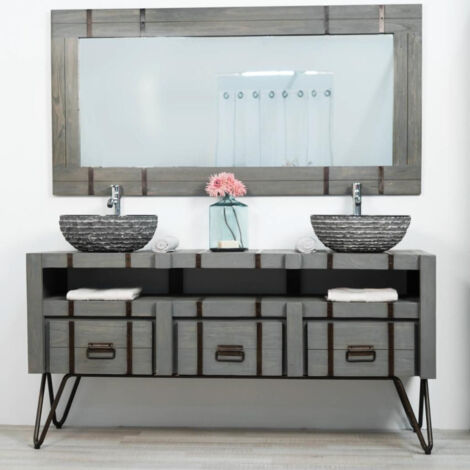 Wanda Collection – Meuble sous vasque double 160 cm en mindi et métal – Hauteur 78 cm – Profondeur 50 cm – 3 tiroirs et niche de rangement