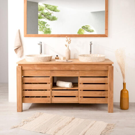 Wanda Collection – Meuble sous vasque double en teck 145cm – Design chaleureux – Rangement optimisé avec tiroir et niche – Non percé pour vasques