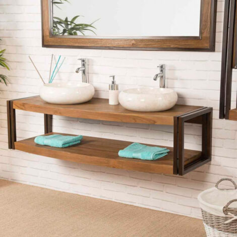 Wanda Collection – Meuble sous vasque double suspendu 145 cm – Teck et métal – Large plateau inférieur pour rangement – Conception traditionnelle