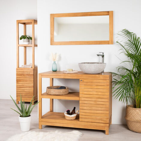 Wanda Collection – Meuble sous vasque en teck 100 cm – Hauteur 80 cm – Profondeur 50 cm – Design nature chic avec porte lattée et niches