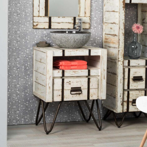 Wanda Collection – Meuble sous vasque simple 60 cm – Bois massif mindi blanc vieilli – Niche et tiroir pour rangement – Installation non percée