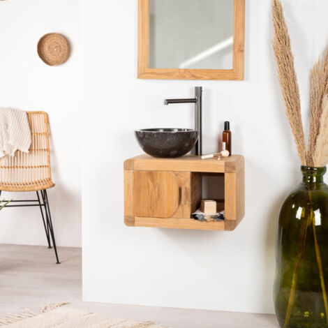 Wanda Collection – Meuble sous vasque suspendu 50 cm en teck massif – Rétro – Hauteur 30 cm – Profondeur 30 cm pour rangement optimisé