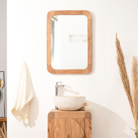 Wanda Collection – Miroir rétro en teck massif 70 cm x 50 cm – Forme arrondie – Épaisseur 3 cm – Décoration vintage pour salle de bain