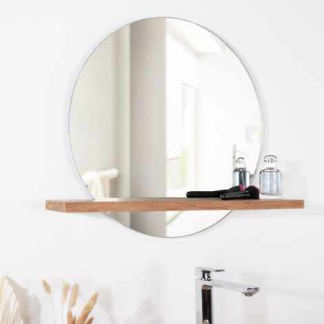 Wanda Collection – Miroir rond de salle de bain en teck massif – Diamètre 60 cm – Étagère en bois 70x15 cm – Design élégant pour salle d'eau moderne
