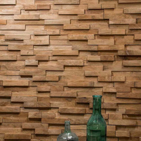Wanda Collection – Revêtement parement en teck recyclé naturel 20cm x 50cm – Plaquettes prémontées sur grillage souple – Colle polymère recommandée
