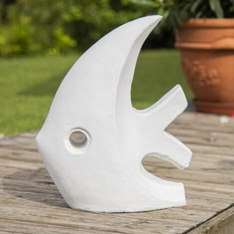 Wanda Collection – Statue poisson blanc 50cm – Fibro-ciment traité anti UV – Pour décoration jardin, terrasse ou piscine – Design courbé moderne