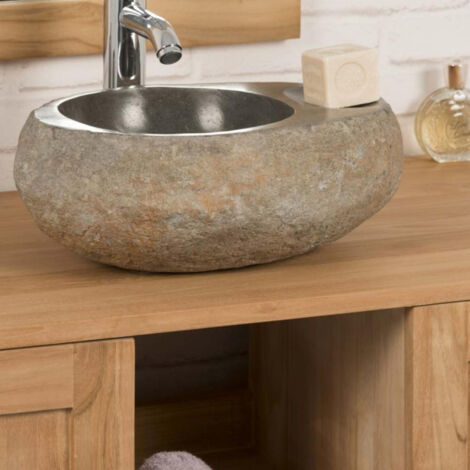 Wanda Collection – Vasque à poser en galet de rivière 35 cm – Porte savon intégré – Dimensions 33-40 cm x 28-33 cm x 14-16 cm – Pierre naturelle unique