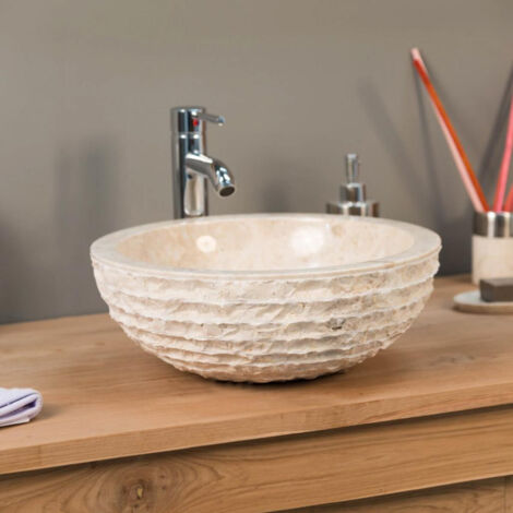 Wanda Collection – Vasque à poser en marbre crème 40cm – Ronde – Extérieur brut sculpté – Intérieur poli – Pour salle de bain moderne