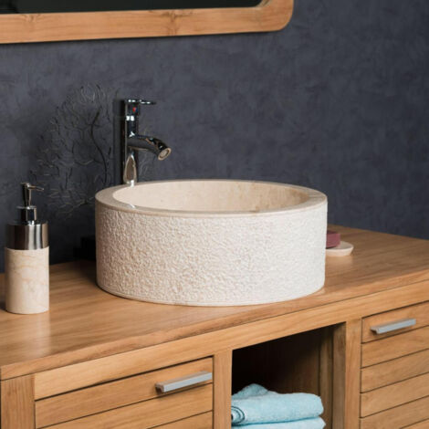 Wanda Collection – Vasque à poser en marbre crème ronde 40cm – Hauteur 15cm – Lavabo en pierre naturelle pour salle de bain – Design artisanal