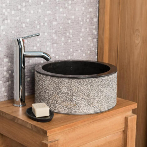 Wanda Collection – Vasque à poser en marbre noir 35cm – Diamètre 35cm – Hauteur 15cm – Perçage aux normes européennes – Lave-mains élégant