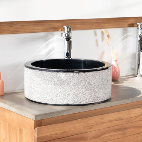 Wanda Collection – Vasque à poser en marbre noir 40cm – Ronde – Hauteur 15cm – Perçage aux normes européennes – Pour meuble en bois massif