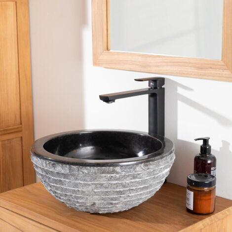Wanda Collection – Vasque à poser en marbre noir Vésuve 35cm – Diamètre 35cm – Hauteur 15cm – Pour salle de bain moderne – Pierre naturelle unique