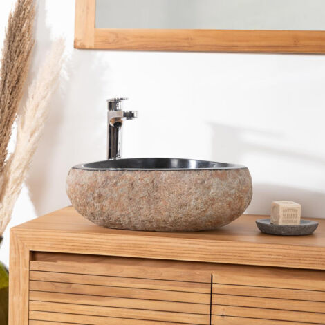 Wanda Collection – Vasque à poser en pierre naturelle galet de rivière 40 cm – Forme libre arrondie – Poli intérieur brut extérieur – Pour salle de bain