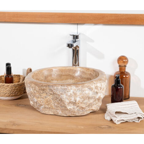 Wanda Collection – Vasque à poser en pierre onyx 30-35 cm – Forme libre – Extérieur brut – Intérieur lisse – Perçage normes européennes