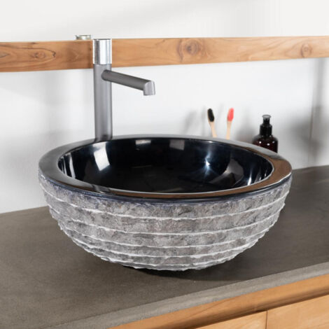 Wanda Collection – Vasque à poser ronde en pierre naturelle Vésuve noir 40cm – Hauteur 15cm – Pour salle de bain contemporaine – Taillée artisanalement