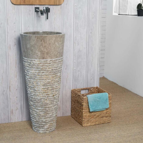 Wanda Collection – Vasque à poser sur pied en marbre gris – Dimensions 55x14x8 cm – Lavabo colonne design pour salle de bain – Perçage arrière normes européennes