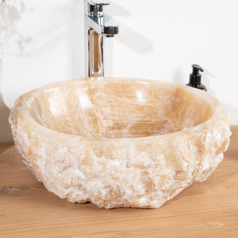 Wanda Collection – Vasque de salle de bain à poser en onyx 40-45 cm – Dimensions 38-42 cm x 32-40 cm – Hauteur 14-15 cm – Perçage normes européennes