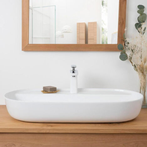 Wanda Collection – Vasque en céramique Bahia 82cm – Largeur 42cm – Hauteur 13cm – Finition blanc brillant – Installation facile pour meubles peu profonds