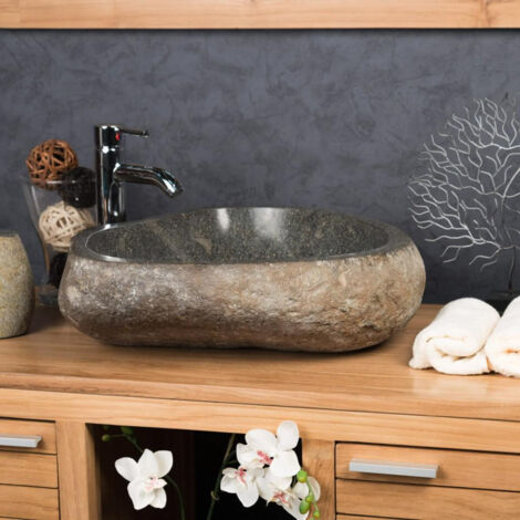 Wanda Collection – Vasque en pierre naturelle galet de rivière 50 cm – Dimensions 45-60 cm x 40-48 cm – Installation facile sur meuble en bois massif