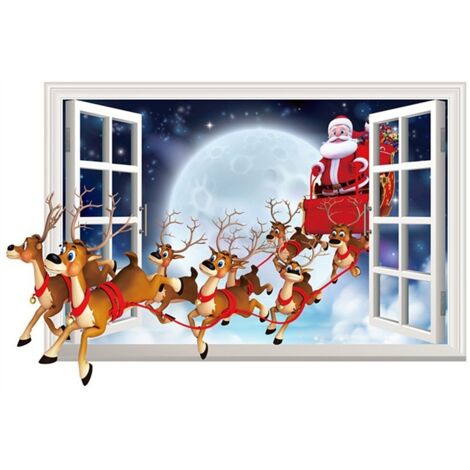 [Wandaufkleber] 3D-PVC-Dekoration Weihnachtsmann und Rentier [70x50cm]