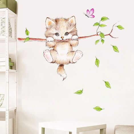 Wandaufkleber für Kinder, süße Katze, Waldtieraufkleber, Baum-BH