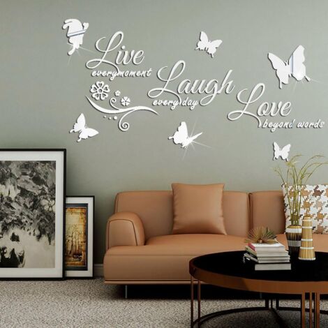 Wandaufkleber, Spiegel-Acryl-Aufkleber, Vinylaufkleber mit den Sprüchen „Lebe jeden Moment“, „Lache jeden Tag“ und „Liebe ohne Worte“ – 6er-Set in verschiedenen Farben, 1 mm dickes Acryl, 140 g