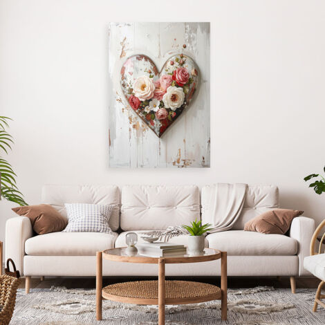 Wandbild 3D Herz Liebe Blumen im Shabby Chic Stil 70x100