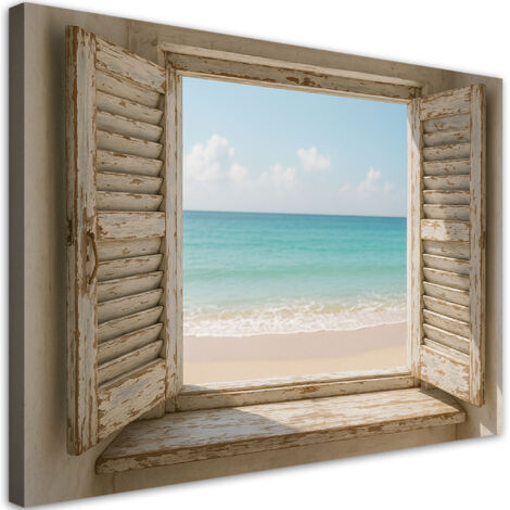 Wandbild Blick aus dem Fenster auf den Strand Shabby Chic 90x60 cm