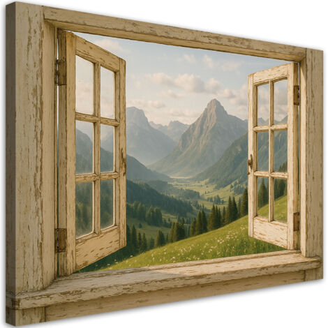 Wandbild Blick aus dem Fenster auf die Berge Shabby Chic 60x40 cm