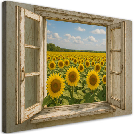 Wandbild Blick aus dem Fenster Sonnenblumenfeld Shabby Chic 90x60 cm