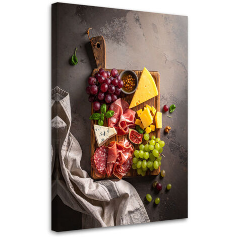 Wandbild Brett mit Wurst Käse und Weintrauben 70x100 cm