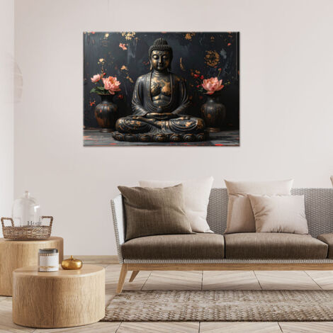Wandbild Buddha Zen-Spa Blumen auf schwarzem Hintergrund 60x40
