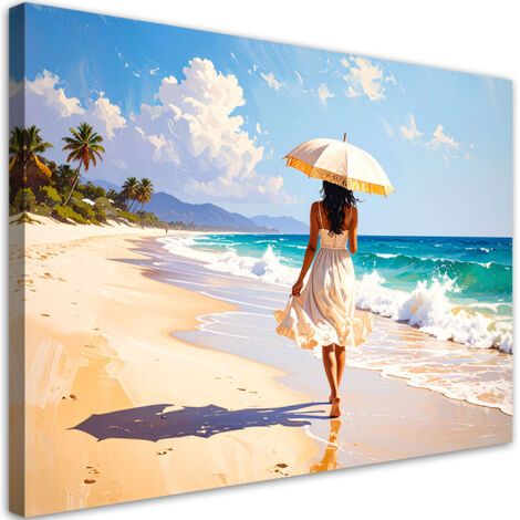 Wandbild Frau mit Sonnenschirm spaziert am Strand 60x40 cm