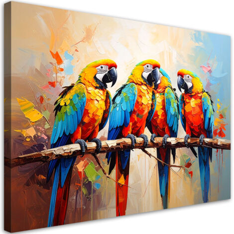 Wandbild für das Wohnzimmer Bunte Papageien Vögel auf einem Ast 100x70 cm