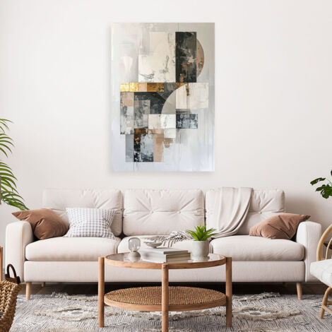 Wandbild Geometrische Abstraktion in Weiß Grau Beige und Goldakzenten 40x60