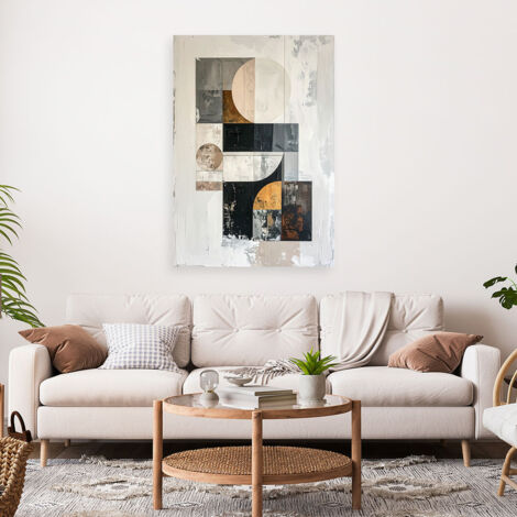 Wandbild Geometrische Abstraktion in Weiß Grau Schwarz und Goldakzenten 60x90