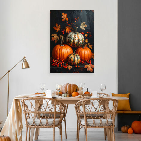 Wandbild Herbstkomposition mit Kürbissen Dekoration in warmen Farben auf dunklem Hintergrund 40x60