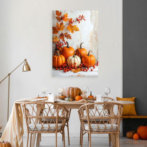 Wandbild Herbstkomposition mit Kürbissen Dekoration in warmen Farben mit Blättern und Ebereschenbeeren 40x60