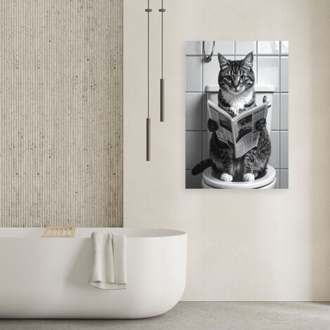 Wandbild Humorvolle Katze liest Zeitung in der Toilette schwarz weiß 70x100