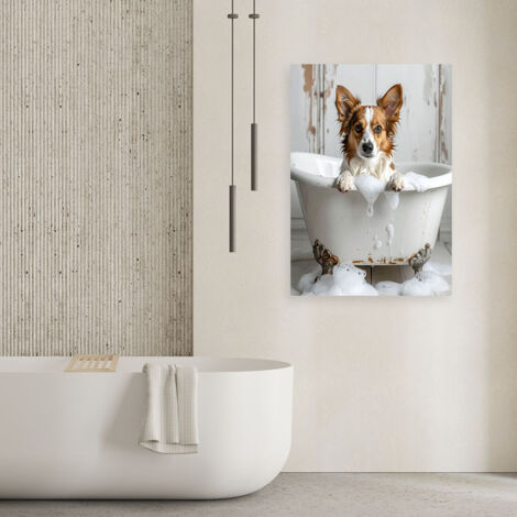 Wandbild Hund in einer Badewanne mit Schaum beige 40x60