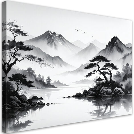 Wandbild Japanische Landschaft gemalt mit Tinte 60x40 cm