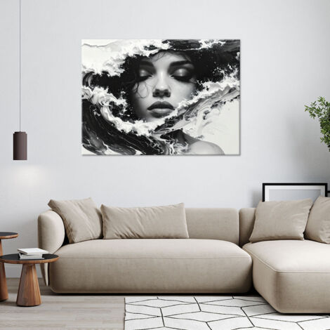 Wandbild Künstlerisches Schwarz-Weiß-Porträt einer Frau mit Meereswellen 60x40
