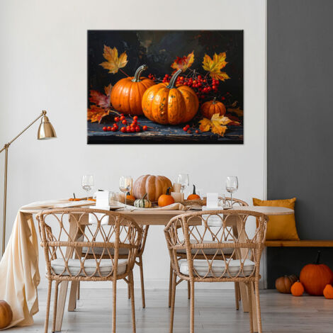 Wandbild Kürbisse Ebereschenbeeren Stillleben Blätter 60x40