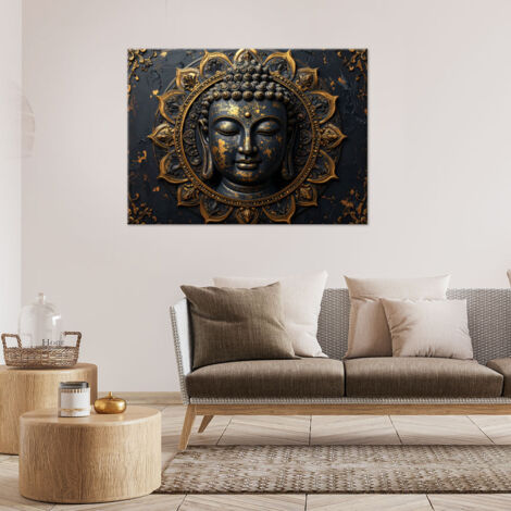 Wandbild Mandala Buddha Zen Spa schwarz und gold 90x60