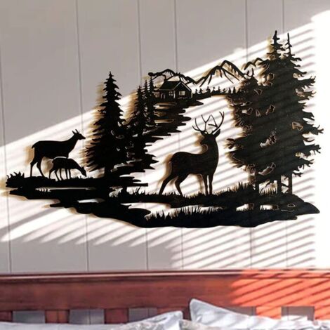 Wandbild mit Wald- und Hirschmotiv, Metall-Berg-Hängeskulptur, indische Dekoration für das Wohnzimmer