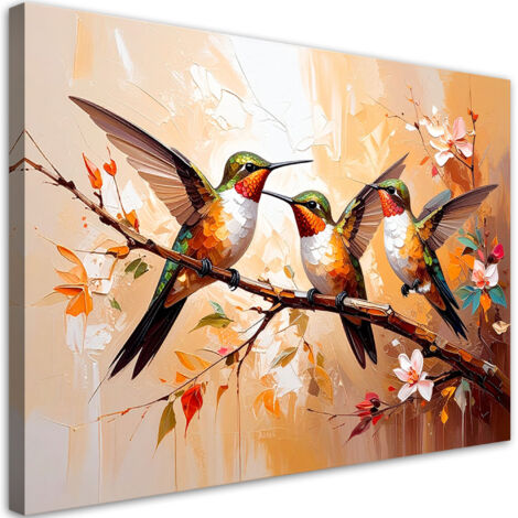 Wandbild modern Bunte Kolibris Vögel auf beigem Hintergrund 90x60 cm