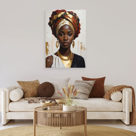 Wandbild Porträt einer Frau im afrikanischen Ethno Stil mit goldenen Akzenten und einem Turban 70x100