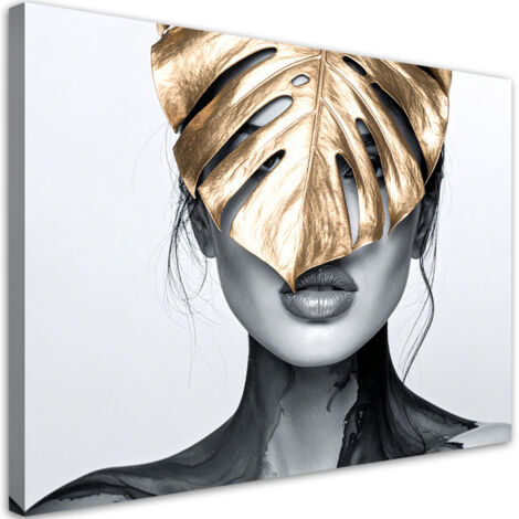 Wandbild Porträt einer Frau und ein goldenes Monstera-Blatt 60x40 cm